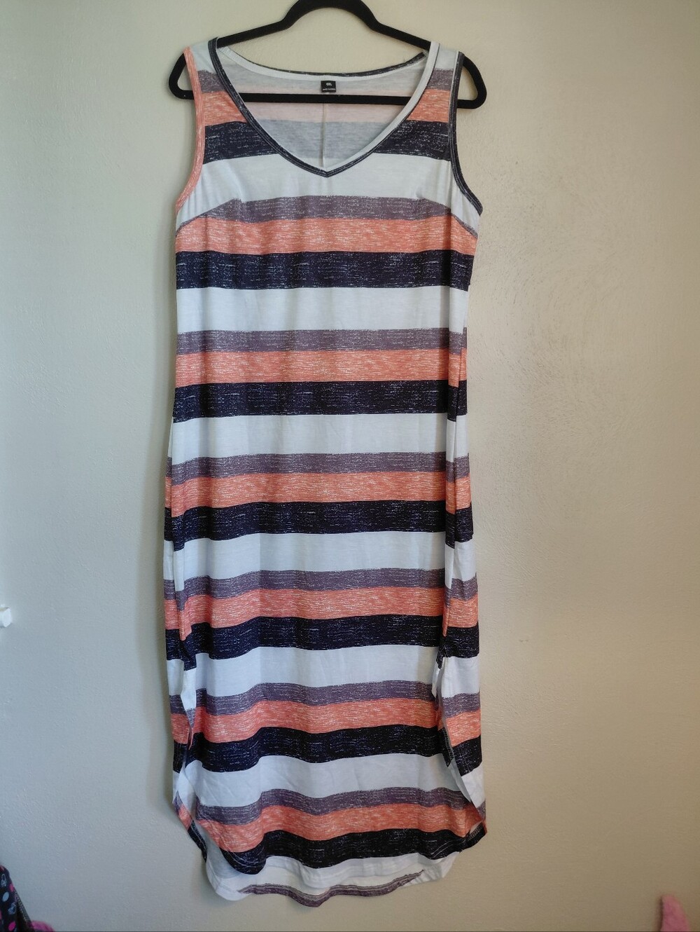 Sleeveless V-Neck Striped Maxi Dress - Coral, Navy & White Size OXL